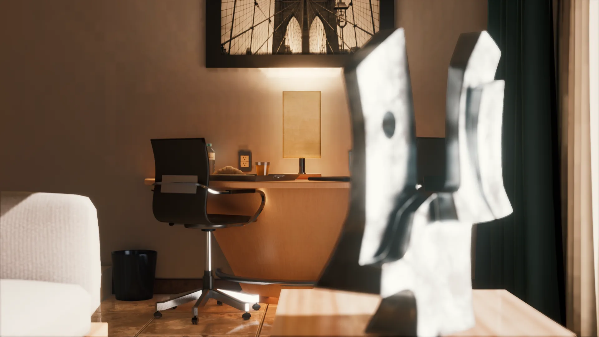 Dormitorio y espacio de trabajo virtual con iluminación arquitectónica cálida