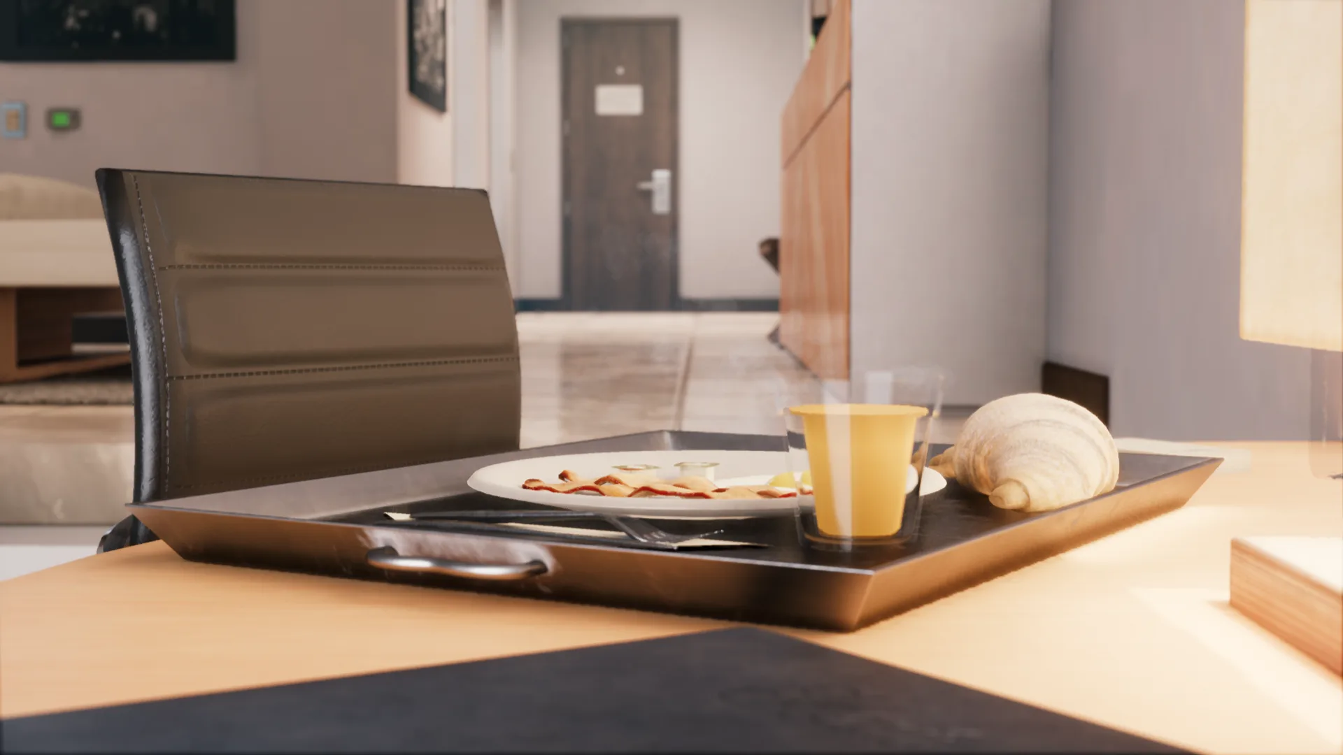 Mesa de desayuno virtual en un interior arquitectónico iluminado por el sol